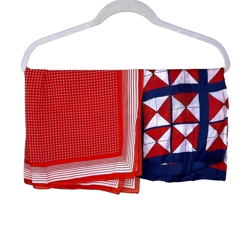 Set Of 2 Vintage Scarves Red White Blue Polka Dot Retro Pinup Patriotic